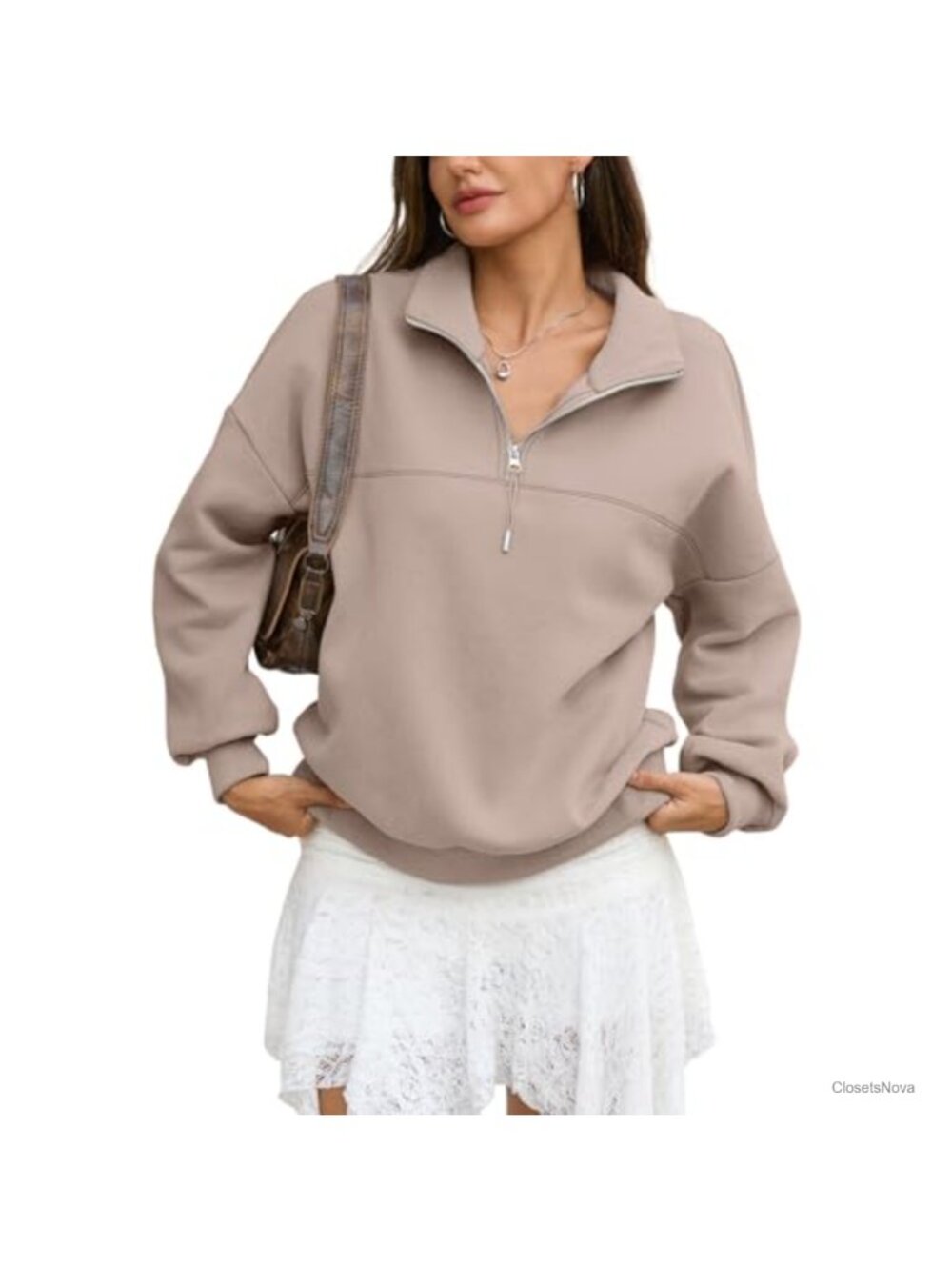 Fleece Quarter Zip Oversized Sweatshirt Cotton Blend Long Sleeve Pullover